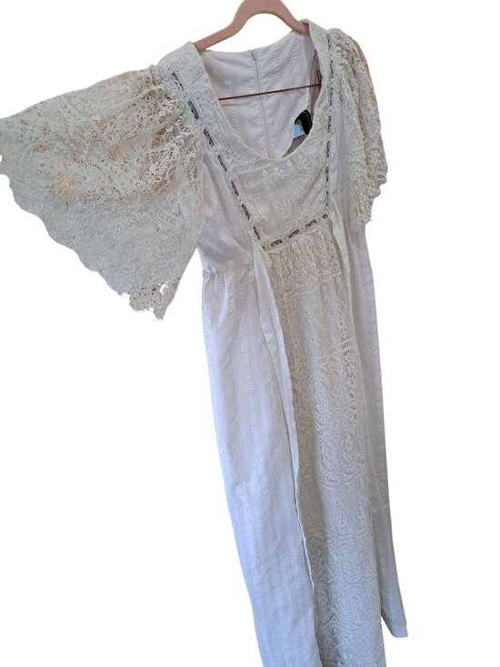 Jo Stevens California Dresses & Skirts - Vintage 1970's Ivory Lace Dress Bell Lace Sleeves Floral Size Small Cottage RARE